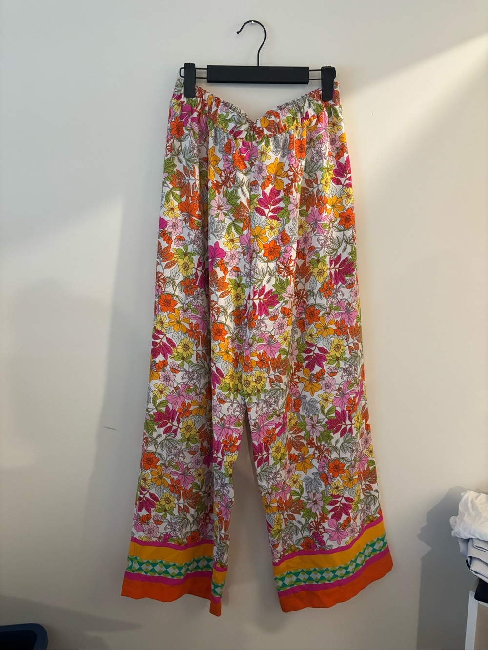 Floral Wide-Leg Pants with Elastic Waist - Pink & Orange